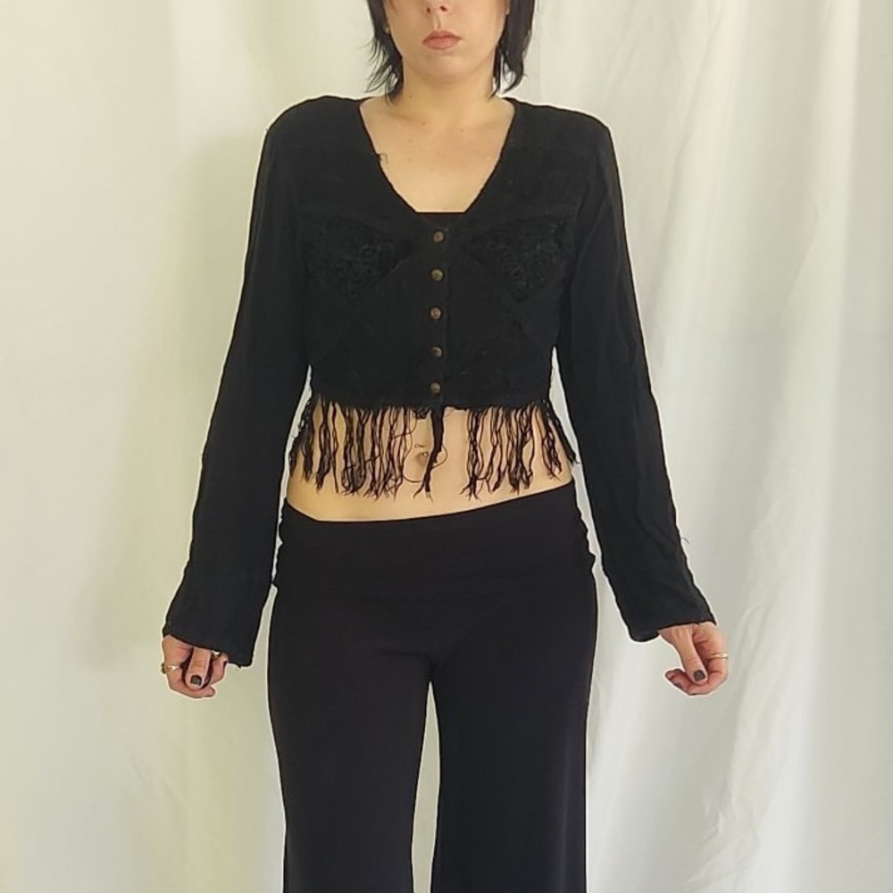 90s Black Rayon Boho Top‎